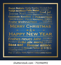 Merry Christmas and Happy New Year in different languages - golden text background, vector