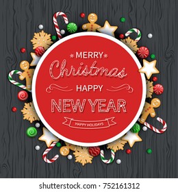 Merry Christmas and Happy New Year  Greeting Background. Logo lettering with sweets, cookie, lollipops, candy cane, gingerbread Man on a wooden black table. For web or printing Top View Vector