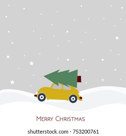 Merry christmas and happy new year greeting card with cute retro car with christmas tree. Christmas atmosphere