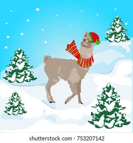 Merry christmas and happy new year cute greeting card with cartoon funny llama. Vector hand drawn illustration.ai