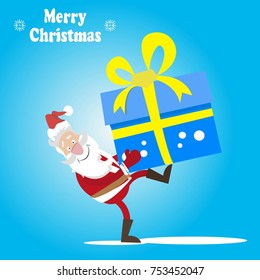 Merry Christmas and a Happy New Year. Santa Claus with gift box. Cartoon style. Vector