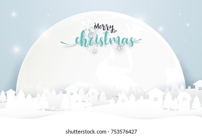 Merry Christmas and Happy new year. Merry Christmas lettering with Christmas trees on red background. Paper art and origami style design