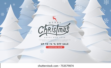 Merry Christmas and Happy New Year sale banner background with paper art and craft style.Calligraphy.Vector illustration template.greeting cards.