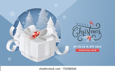 Merry Christmas and Happy New Year sale banner background with gift box paper art and craft style.discount gift voucher card for Xmas Holiday.Calligraphy.Vector illustration template.greeting cards.