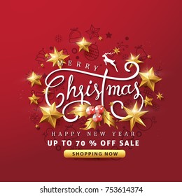 Merry Christmas and Happy New Year sale banner background with golden stars and christmas icon set.discount gift voucher card for Xmas Holiday.Calligraphy.Vector illustration template.