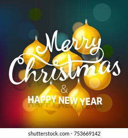 Merry christmas and happy new year greeting card. Vector illustration with golden baubles