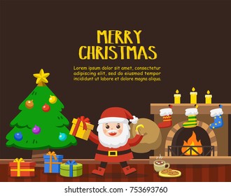 Merry Christmas and Happy New Year. Santa hand holding Christmas Gift box in Decorated Living Room Winter Holidays.  Template for advertising brochure.