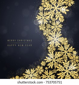 Merry Christmas and Happy New Year greeting card with gold glittering snowflakes wave on dark background. Winter seasonal holiday background