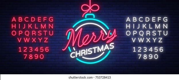 Merry christmas and a happy new year. Greeting card or invitation pattern in neon style. Neon luminous signboard, bright luminous banner. Vector vintage illustration. Editing text neon sign.