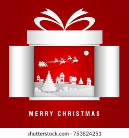 Merry Christmas and Happy New Year 2018 vector and Illustration Santa Claus Reindeer on the sky coming Moonlight to village of City ,paper cut art 3D