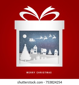 Merry Christmas and Happy New Year 2018 vector and Illustration Santa Claus Reindeer on the sky coming Moonlight to village of City ,paper cut art 3D