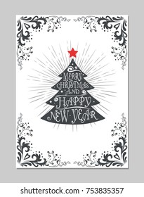 Merry Christmas and Happy New Year  typography greeting poster with christmas tree. Element for design, print, poster, or postcard