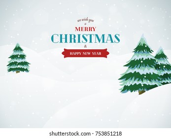 Merry Christmas and Happy New Year landscape background with trees and snow. Vintage badge on the winter background with falling snow. Cartoon winter landscape background. Vector Illustration.