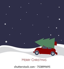 Merry christmas and happy new year greeting card with cute retro car with christmas tree. Christmas atmosphere