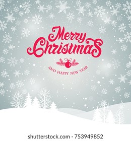 Merry Christmas and Happy New Year  typography vector design for greeting cards and poster. Merry Christmas hand lettering, with winter landscape, with snowflakes, light. Vector illustration.