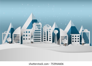Merry Christmas and Happy New Year. Winter holiday snow in park at cityscape background, paper art and craft style.