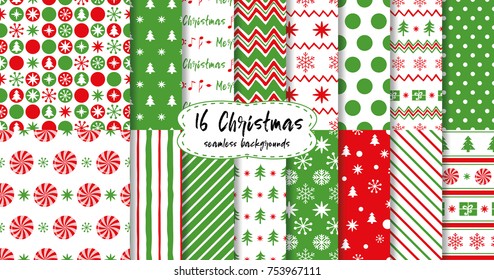 Merry Christmas and Happy New Year! Set of red and white seamless backgrounds with holiday symbols: candy sweets, trees, snowflakes, christmas ball, gift and abstract patterns. Vector collection.