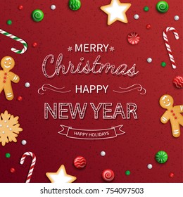 Merry Christmas and Happy New Year  Greeting card. Logo lettering with sweets, cookie, lollipops, candy cane, gingerbread man on red background. For web or printing Top View Vector