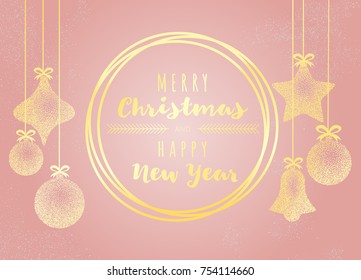 Merry Christmas and Happy New Year greeting gold vintage card, Christmas balls and bell. VIP, luxury, premium, old fashion vector stock illustration. Gold and pink rich colors EPS 10