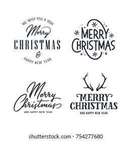 Merry Christmas And Happy New Year Typography Set. Holiday Related Lettering Templates For Greeting Cards, Overlays, Decoration. Vector Vintage Illustration.