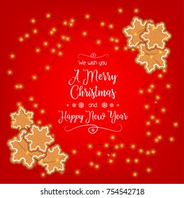 Merry Christmas and a Happy New Year. Beautiful greeting card with gingerbread cookies.