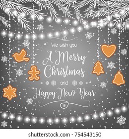 Merry Christmas and a Happy New Year. Beautiful greeting card with gingerbread cookies.