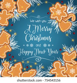 Merry Christmas and a Happy New Year. Beautiful greeting card with gingerbread cookies.