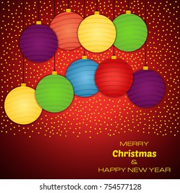 Merry Christmas and Happy New Year red background with nine colorful christmas balls. Vector background  for your greeting cards, invitations, festive posters. 
