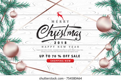 Merry Christmas and Happy New Year sale banner background with rose gold Christmas ball ornament .Vector illustration template.