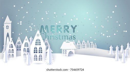 Merry Christmas and Happy New Year 2020  paper greeting card with winter houses. Winter paper landscape. vector illustration paper art and craft style.