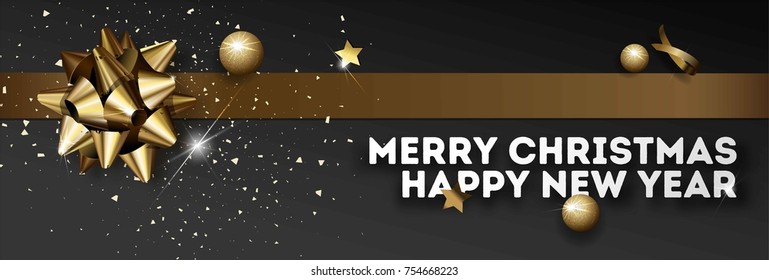Merry Christmas and Happy New Year greeting card or web banner design template. Vector golden Christmas ball and bow ribbon decoration with sparkling glitter star confetti on luxury premium background