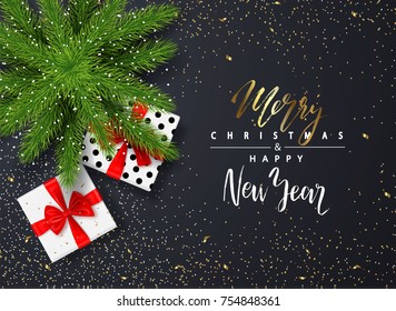 Merry Christmas and Happy New Year. Poster with gift boxes, serpentine and fur-tree on black background. Modern design.Universal vector background for poster, banners, flyers, card
