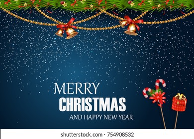 Merry Christmas. Happy New Year. Festive Christmas Design template with fir tree branch, snow, garland, jingle bell, gift box for flyer, banner, card, invitation, congratulation, poster design. Vector