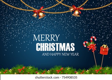 Merry Christmas. Happy New Year. Festive Christmas Design template with fir tree branch, snow, garland, jingle bell, gift box for flyer, banner, card, invitation, congratulation, poster design. Vector