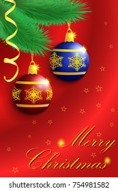 Merry Christmas and Happy New Year background with fur-tree branch, serpentine, baubles and snowflakes. Vector illustration.