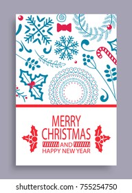 Merry Christmas and happy New Year cover sample with lettering and icons of wreath, snowflake and bow, candy and pattern are on vector illustration