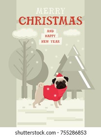 Merry Christmas and Happy New Year Design card with Pug dog
