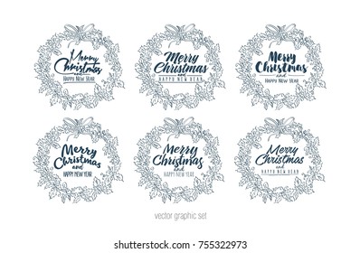 Merry Christmas and Happy New Year greeting wreath with  lettering. vintage vector illustration set