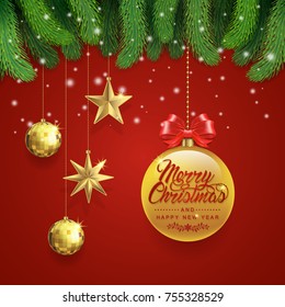 merry christmas and happy new year greeting typography, christmas tree, golden glitter balls, hanging stars, ribbons and snow decoration for flyers, poster, web, banner, and card vector illustration