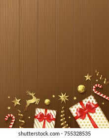 merry christmas and happy new year greeting gift boxs, golden glitter balls, stars, deer and ribbons decoration for flyers, poster, web, banner, and card vector illustration