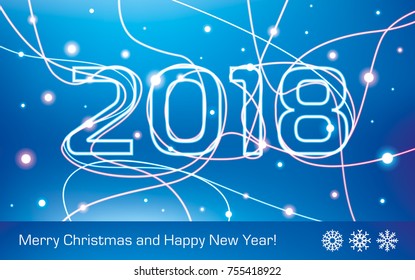 Merry Christmas and Happy New Year! 2018. Glowing neon lines on a blue background, holiday card for your business project, vector design art
