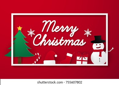 Merry Christmas and Happy New Year ,  invitation with ornaments , xmas card , paper art style