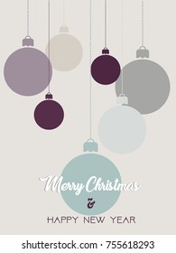 Merry christmas and happy new year poster with christmas balls and greeting words. Vector illustration