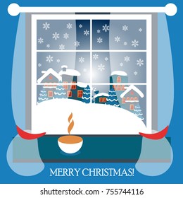 Merry Christmas and Happy New Year card.Christmas window view with a snowy landscape.