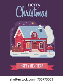 Merry Christmas and Happy New Year card with night rural scene and winter house with smoking chimney. Wintertime countryside background with rural snow cottage or farmhouse and greeting Xmas text.