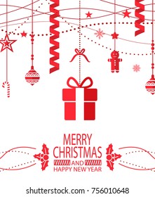 Merry Christmas and happy New Year bright postcard with gift boxes decorated with bows drawn in red. Vector illustration with variety of festive symbols