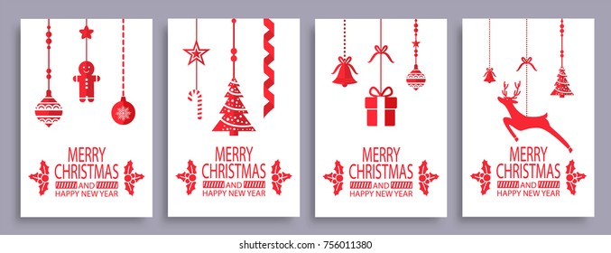Merry Christmas and Happy New Year postcards with tree icon, hanging balls, running deer, present gift boxes in flat simple design isolated vector set