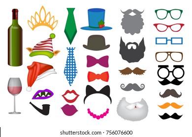 Merry Christmas and Happy New Year Photo Booth Props set with Santa beard, hat, elf, hat, glass, mustache