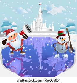 Merry Christmas and a happy new year. on ice reflex and the big castle background.