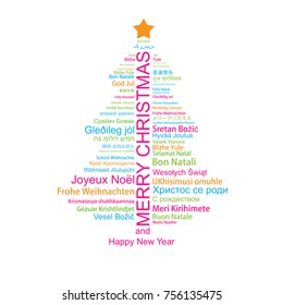 Merry Christmas and Happy New Year in different languages in the shape of Christmas three, celebration word tag cloud greeting card, vector art